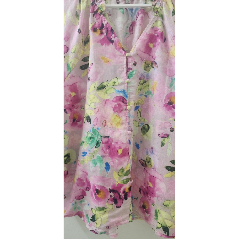 Hester & Orchard Linen Blend Floral Blouse Pink Ruffle V-Neck Top Large - Picture 2 of 8